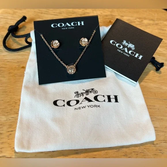 NEW Coach Open Circle Rose Gold Necklace Tea Rose Stud Earrings Set - Picture 2 of 9